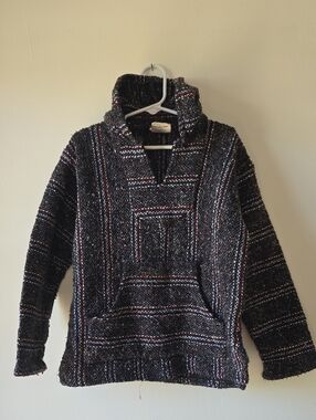 Kids Woven Baja Hoodie Sweater - Black with Multicolor Stripes
